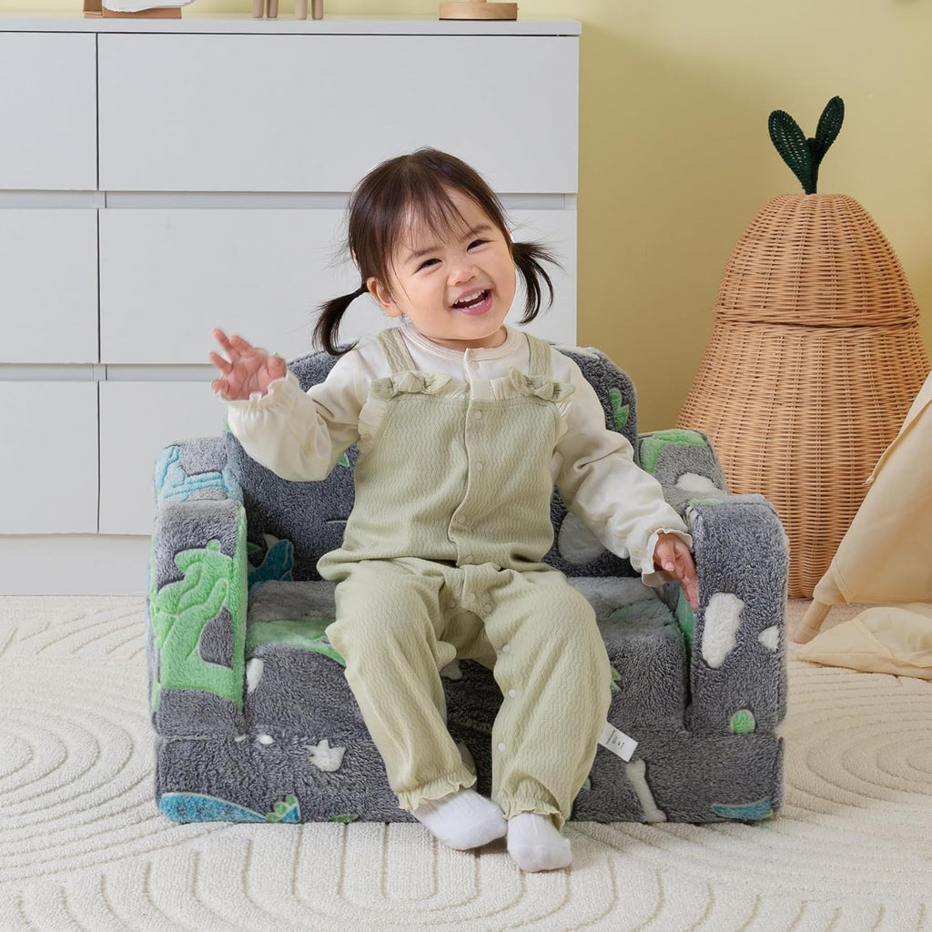 aodisman Thick Comfy Kids Chair and Couch, 2-in-1 Soft Foldable Plush Kids Sofa, Foam Seating for Reading and Play, Removable Washable Cover, Gray Dinosaur