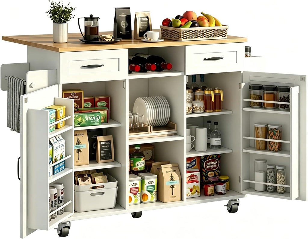 knoworld 51.5'' Rolling Kitchen Island with Storage Cabinet & Drawers, Drop Leaf Kitchen Cart on Wheels, Farmhouse Portable Mobile Islands, Large Butcher Block Table with Tower/Spice Rack, White