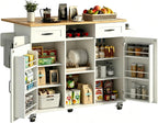 knoworld 51.5'' Rolling Kitchen Island with Storage Cabinet & Drawers, Drop Leaf Kitchen Cart on Wheels, Farmhouse Portable Mobile Islands, Large Butcher Block Table with Tower/Spice Rack, White