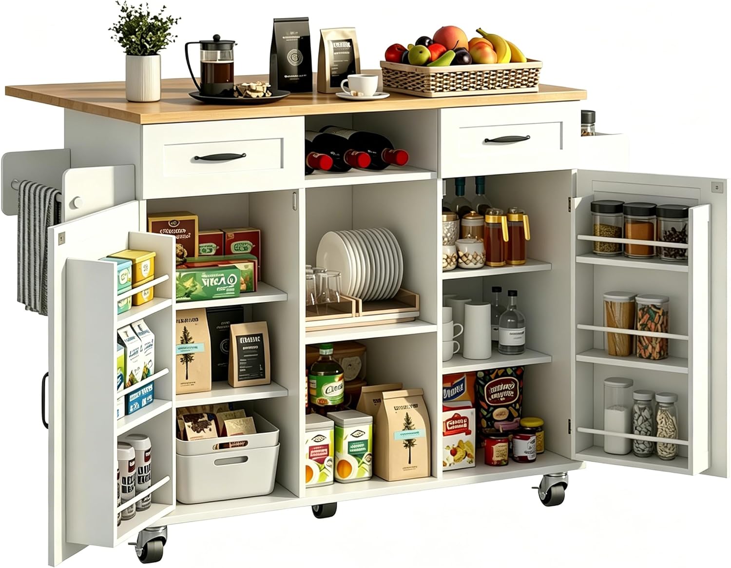 knoworld 51.5'' Rolling Kitchen Island with Storage Cabinet & Drawers, Drop Leaf Kitchen Cart on Wheels, Farmhouse Portable Mobile Islands, Large Butcher Block Table with Tower/Spice Rack, White