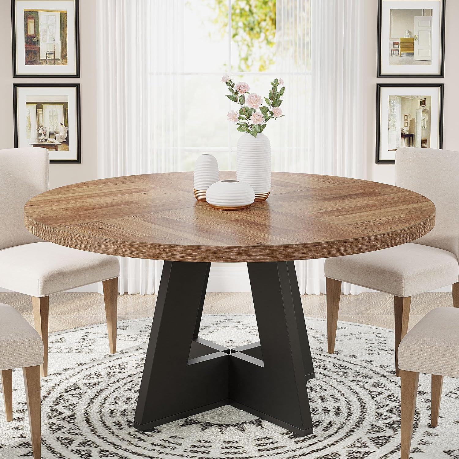 Tribesigns 47 inch Round Dining Table Wood Kitchen Table for Dining Room, 47" Dinner Room Tables for 4-6, Farmhouse Accent Furniture with Wooden Tabletop and Cross Base, Brown+Black