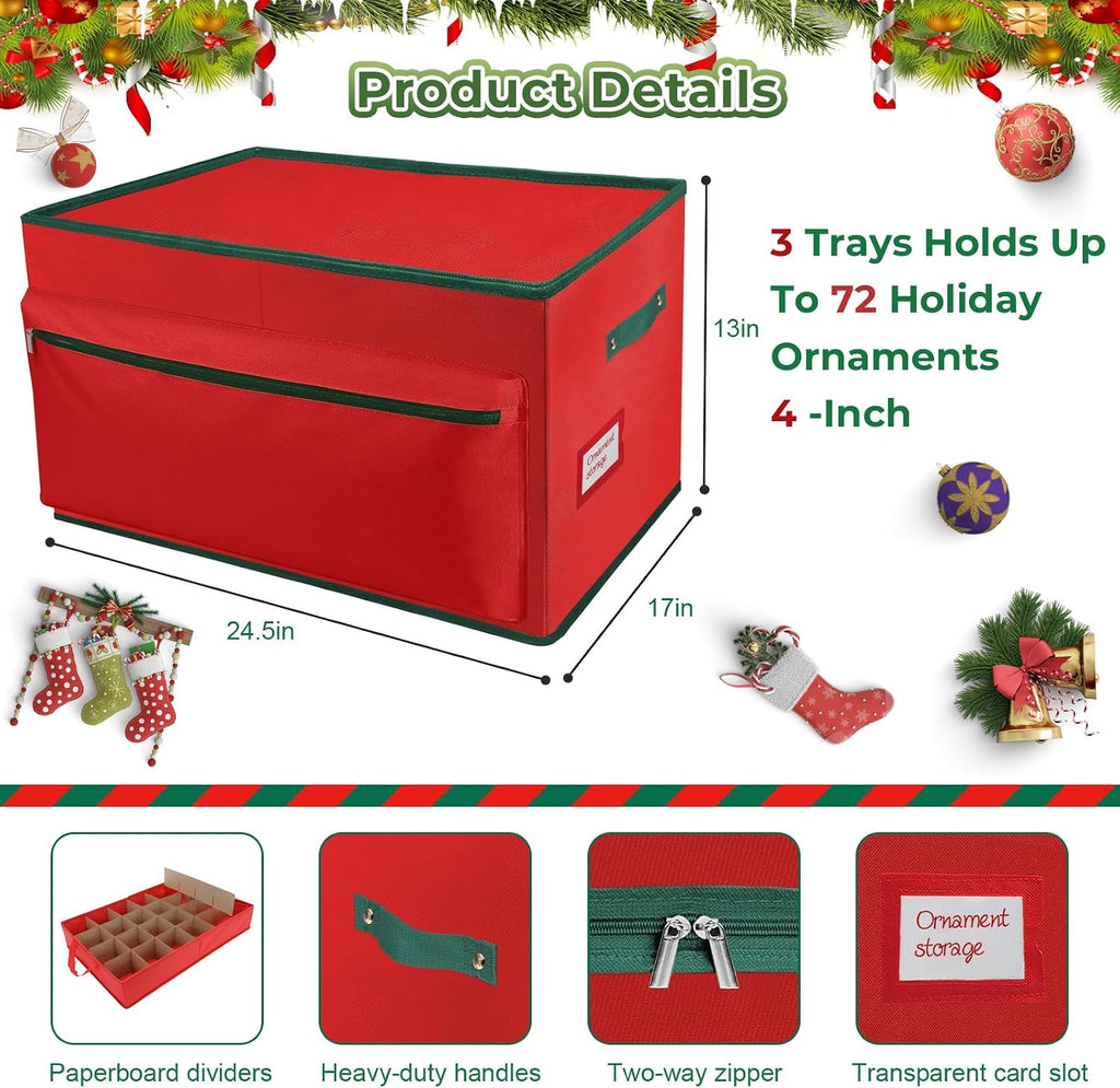 WDZREE Large Christmas Ornament Storage Box, Stores Up to 72-4" Ornaments Balls, 3 Individual Trays with Adjustable, Christmas Container Perfect for Holiday Decorations, 600D Oxford Fabric Tear-Proof