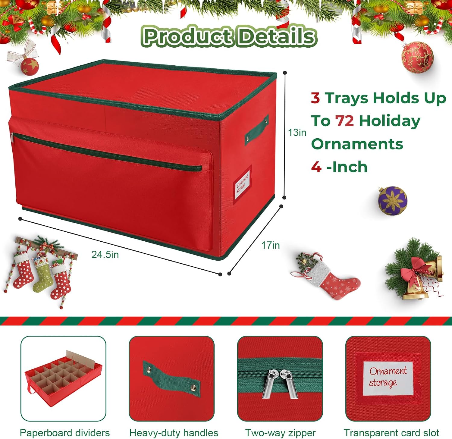 WDZREE Large Christmas Ornament Storage Box, Stores Up to 72-4" Ornaments Balls, 3 Individual Trays with Adjustable, Christmas Container Perfect for Holiday Decorations, 600D Oxford Fabric Tear-Proof