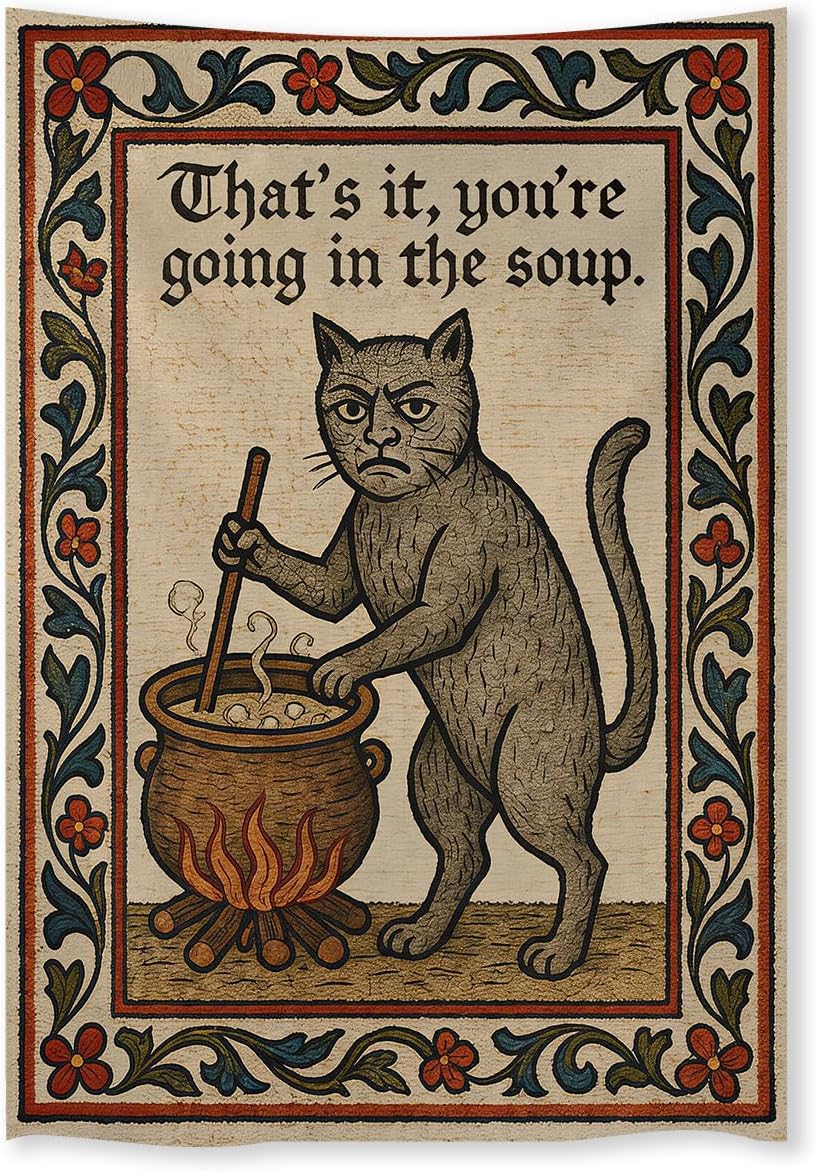 FoxUncle Weird Medieval Cat Woven Tapestry Vintage Medieval Cat Aesthetic Wall Art Funny Quirky Animal Wall Decor 40 x 60 inches Home Decor for Living Room Hallway Bedroom