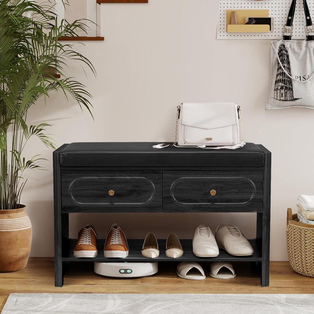 31.5" Shoe Bench, Shoe Storage Bench with Drawers, Waterproof Entryway Benches with Leather Cushion for Bedroom Black