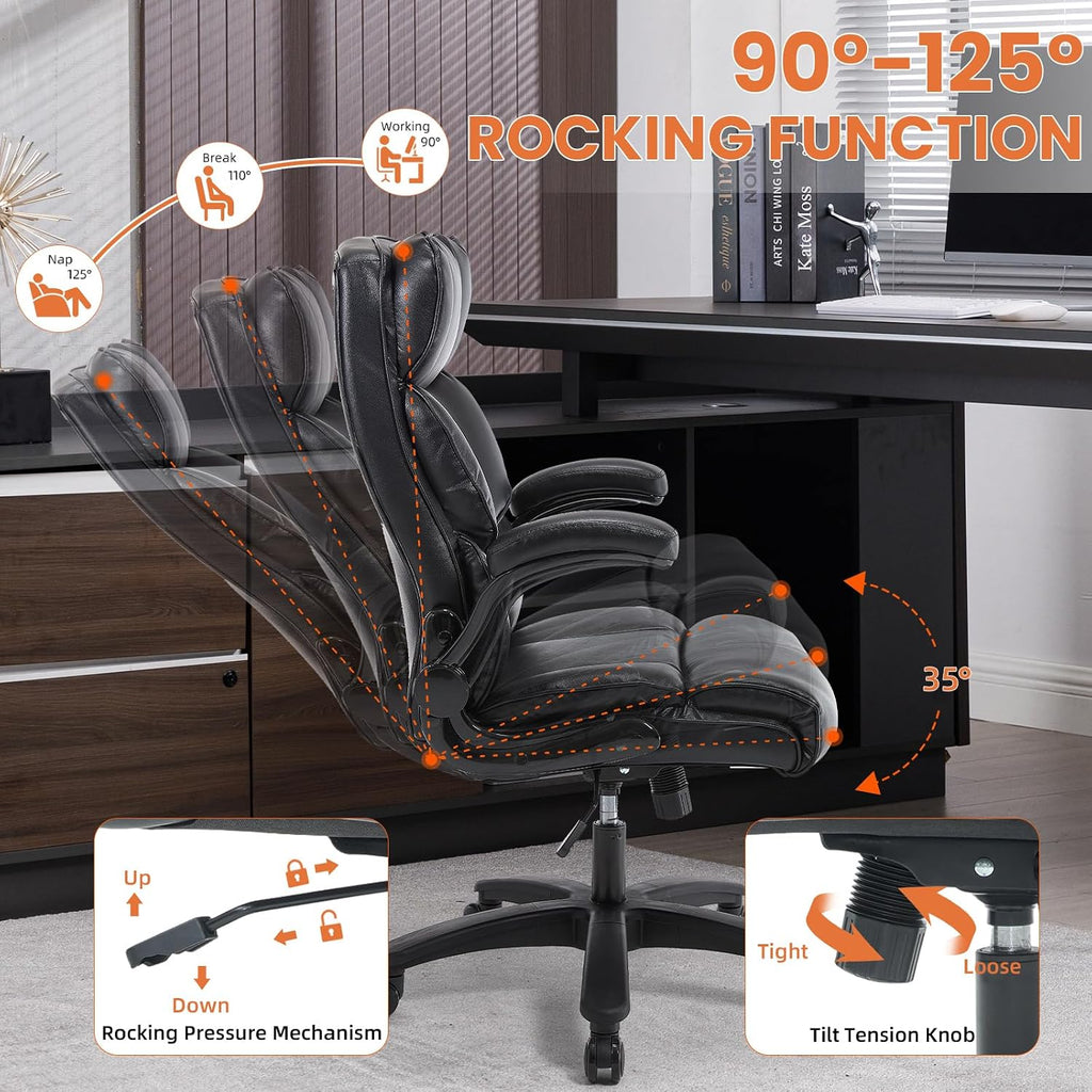 ESTRUCO Big and Tall Office Chair 500lbs Wide Seat Executive Office Desk Chair High Back Computer Gaming Chair,Flip-Up Armrest,Lumbar Support Computer Chair for Heavy People(Brown,Classical)