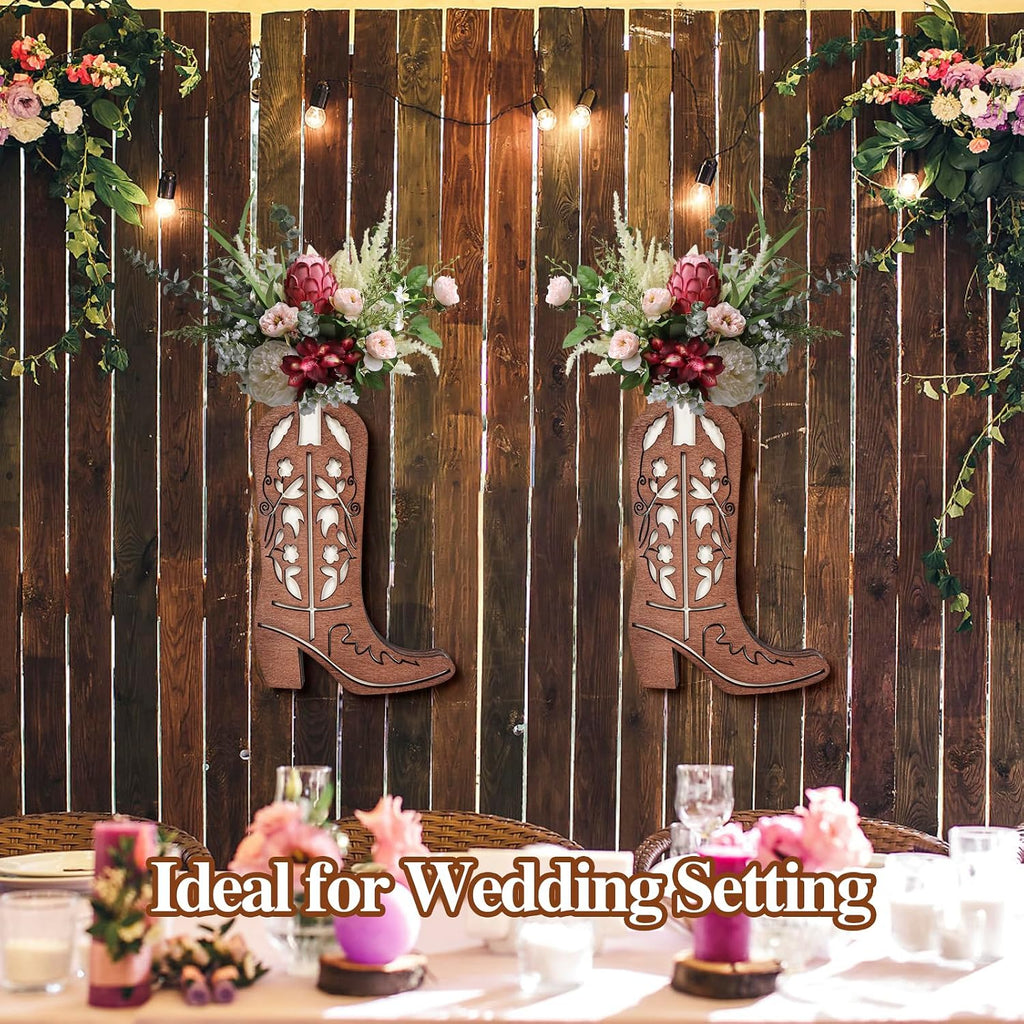 2 Pcs Wood Cowboy Boot Vase for Flowers Faux Greenery, Cowgirl Boot Decor, Western Wall Decor for Bathroom, Bedroom, Kitchen(Flower)