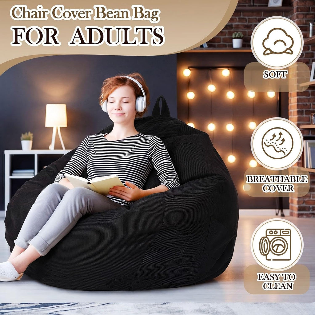 6 Pcs Bean Bag Chair Cover (No Filler) Washable Beanbag Chair Cover Stuffed Animal Storage Soft Corduroy Stuffable for Adults Pets Organizing Plush Toys Textile (Black,XL)