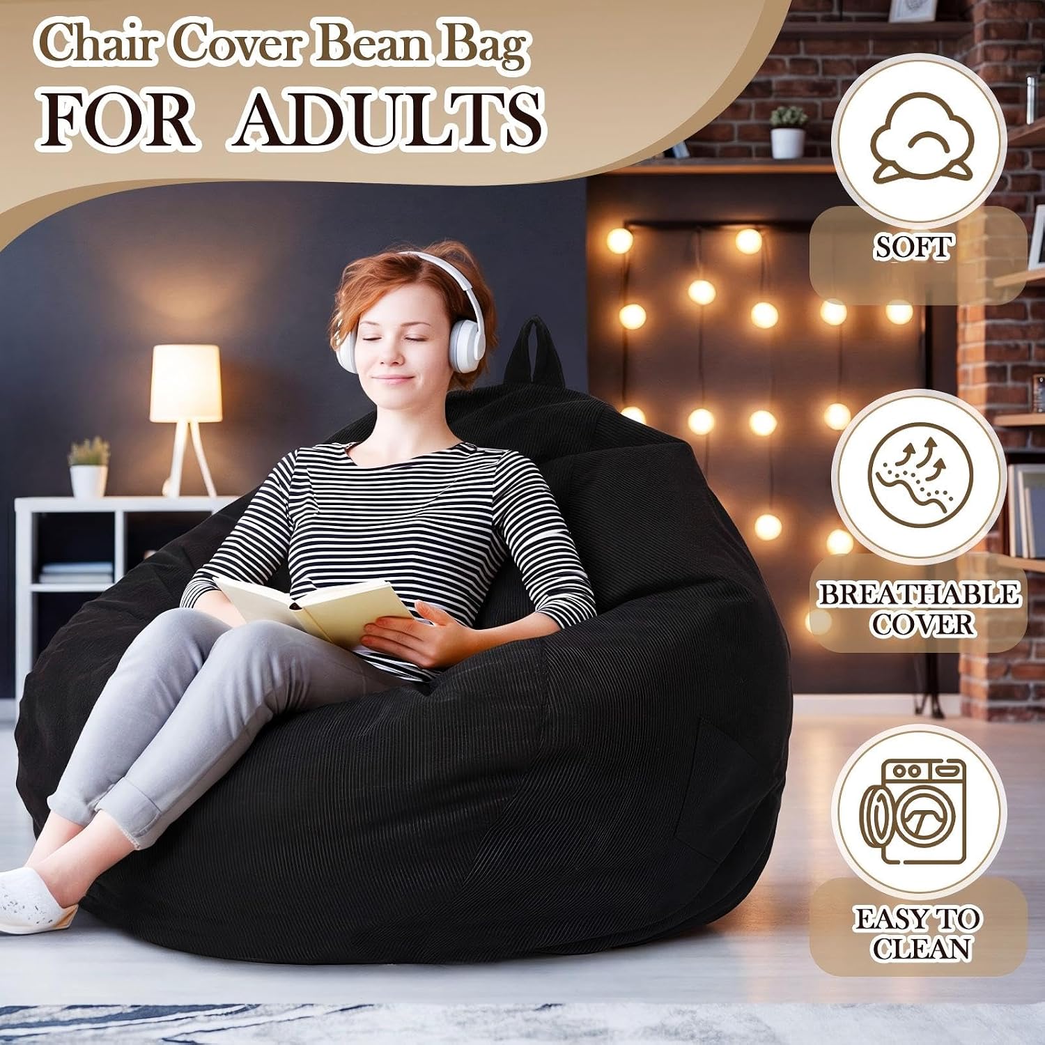6 Pcs Bean Bag Chair Cover (No Filler) Washable Beanbag Chair Cover Stuffed Animal Storage Soft Corduroy Stuffable for Adults Pets Organizing Plush Toys Textile (Black,XL)