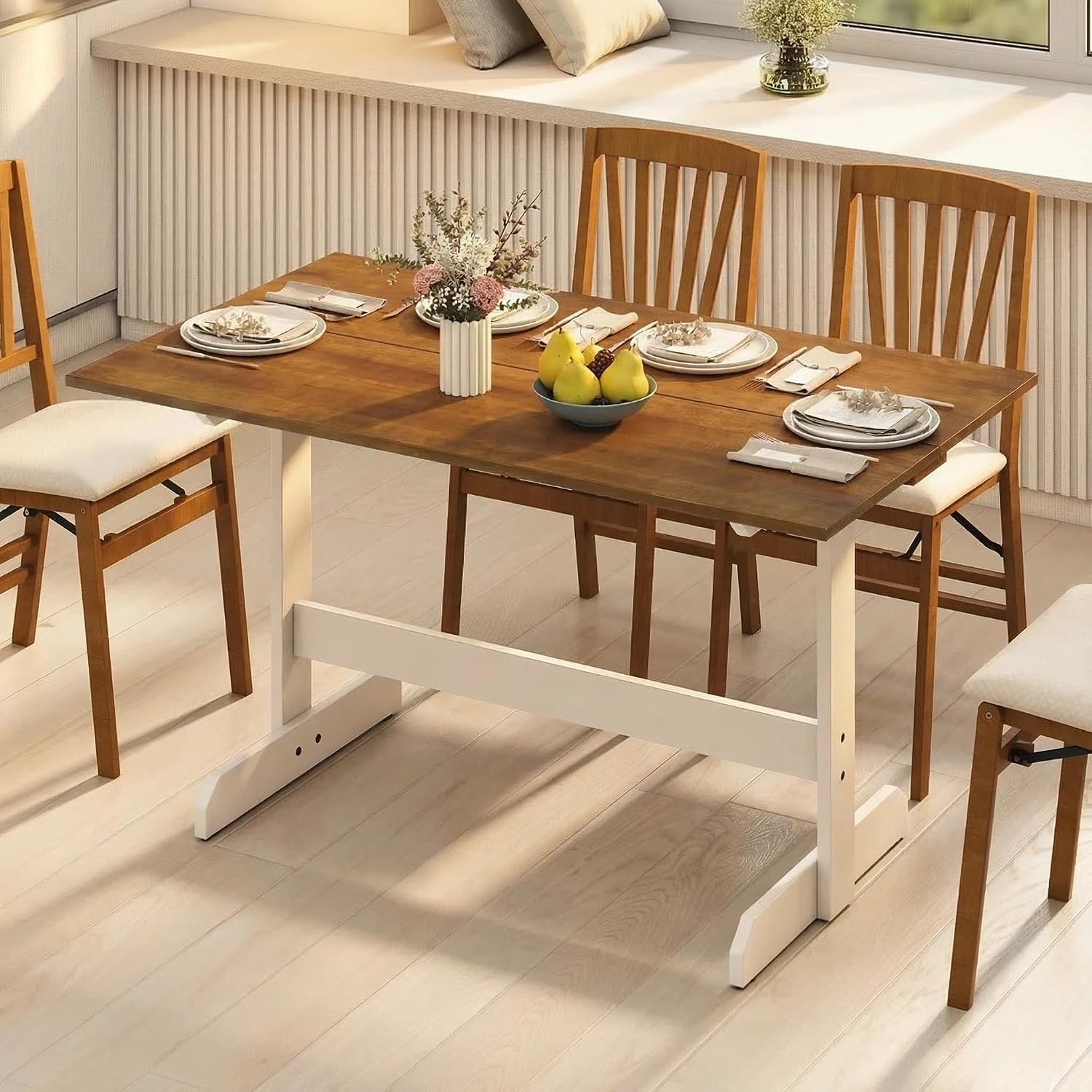 Tangkula 55 Inch Dining Table for 4-6 People, Rectangular Kitchen Table with Solid Wood Trestle Base, Large Farmhouse Modern Diner Table for Home Dining Room Living Room