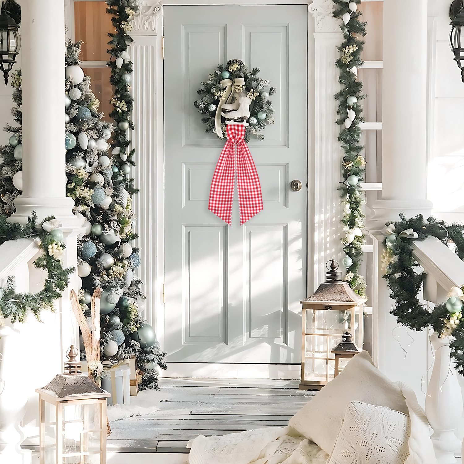2 Pack Wreath Sash for Front Door Boxwood Wreath Sash Garland Front Door Porch Decor(White and Red Plaid)