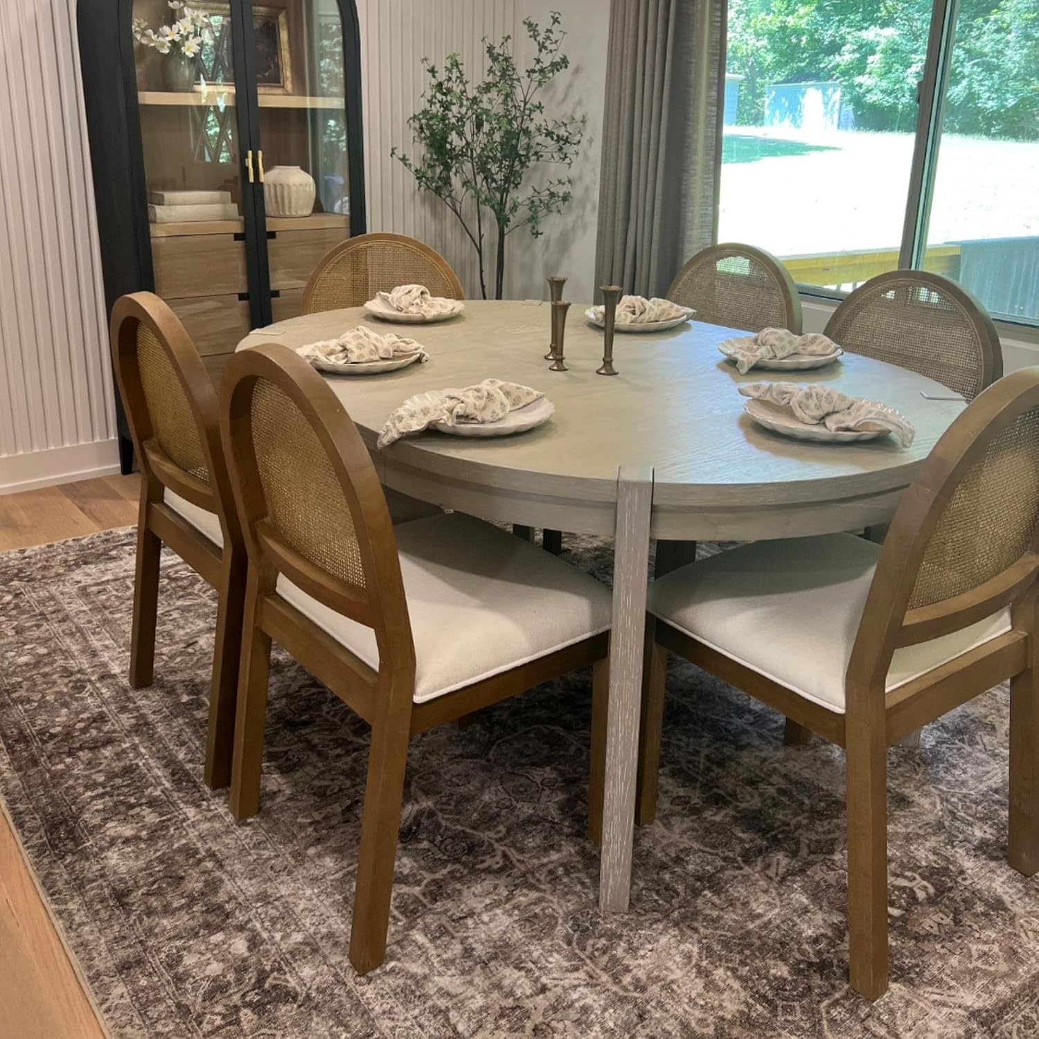 Nathan James Bailey 19 in. Boucle Dining Chair, Upholstered Side Chair with Natural Woven Rattan Back and Solid Wood Legs, Light Brown