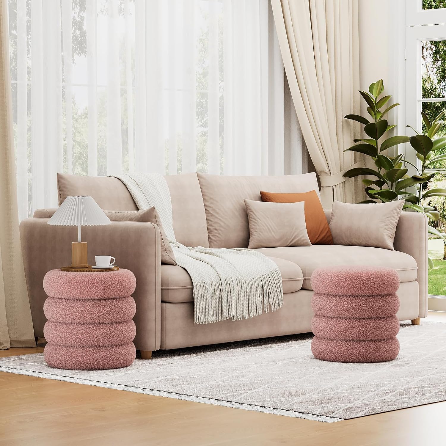 Soft Teddy Round Ottoman with Tray, 17.5 Inches Ottoman Coffee Table with Storage for Living Room, Vanity Stool with Storage Bedroom, Load up to 300 lb, No Assembly Required (Dusty Pink)