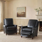HULALA HOME Genuine Leather Manual Recliners Set of 2 with Wood Legs, Black | Mid Century Modern Push Back Recliner with Nailhead Trim, Adjustable Backrest & Footrest, for Living Room Home Theater