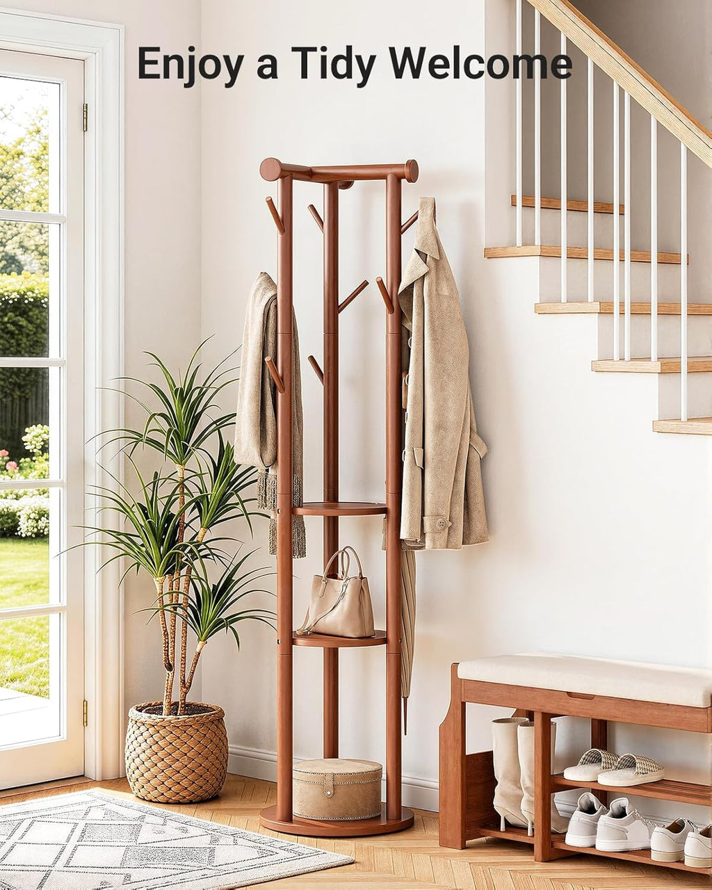 Pipishell Rolling Pine Wood Coat Rack, Freestanding Coat Tree with Wheels, 9 Hooks, T-Shaped Top & 3-Tier Shelves for Entryway, Hallway, Bedroom, Hall Tree for Coats, Bags, Hats & Scarves