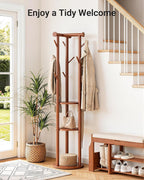 Pipishell Rolling Pine Wood Coat Rack, Freestanding Coat Tree with Wheels, 9 Hooks, T-Shaped Top & 3-Tier Shelves for Entryway, Hallway, Bedroom, Hall Tree for Coats, Bags, Hats & Scarves