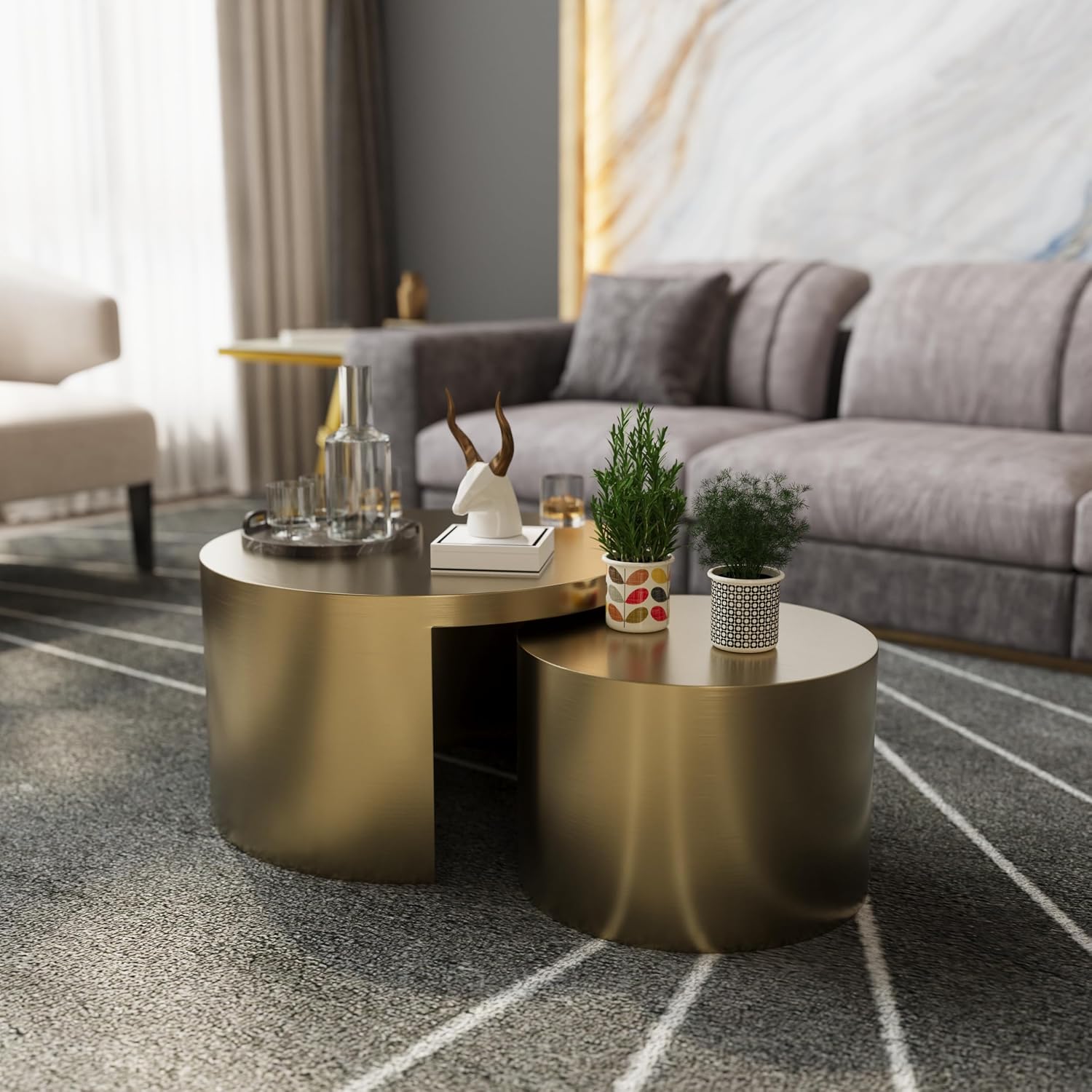 BQueen Round Nesting Coffee Table Set of 2, Brushed Gold Stainless Steel Modern Coffee Tables, 2 in 1 Space Saving Stackable Accent Tables for Living Room, Small Space Apartment