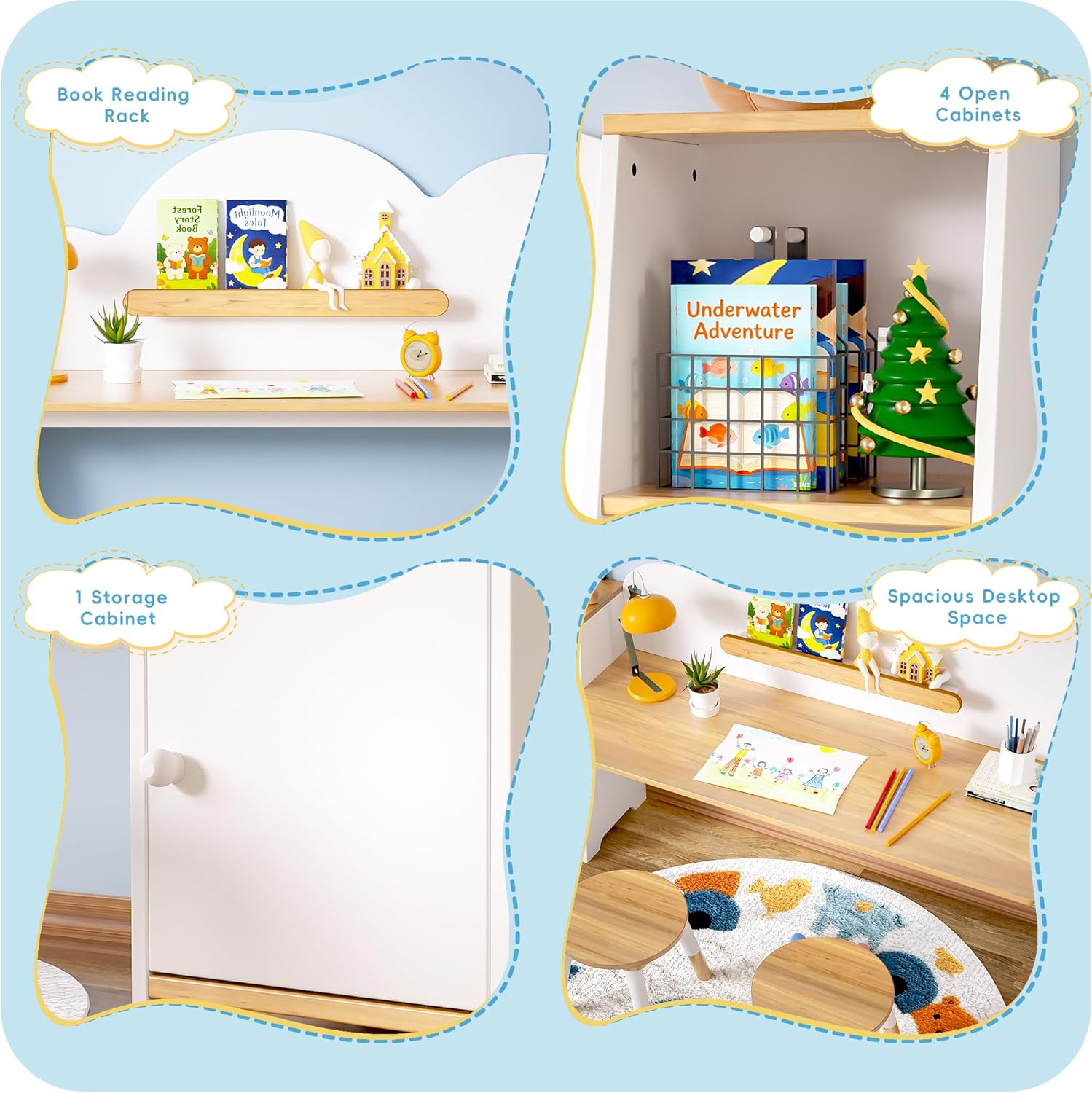 Wooden Kids Study Desk with Storage and 2 Stools, Kids Study Desk and Chair Set, Children Study Table with Bookshelves, Boys & Girls Study Desk for Ages 3-8, Bedroom, Toddler