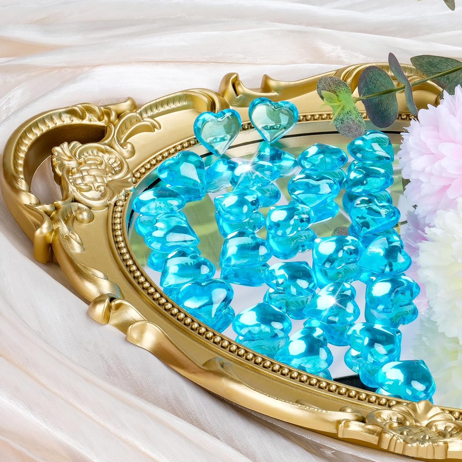 Babenest 215pcs Blue Heart Acrylic, 1Inch Crystal Rhinestones, Diamond Fake Gems Vase Filler for Table Scatters Wedding Party Anniversary Decoration Favor