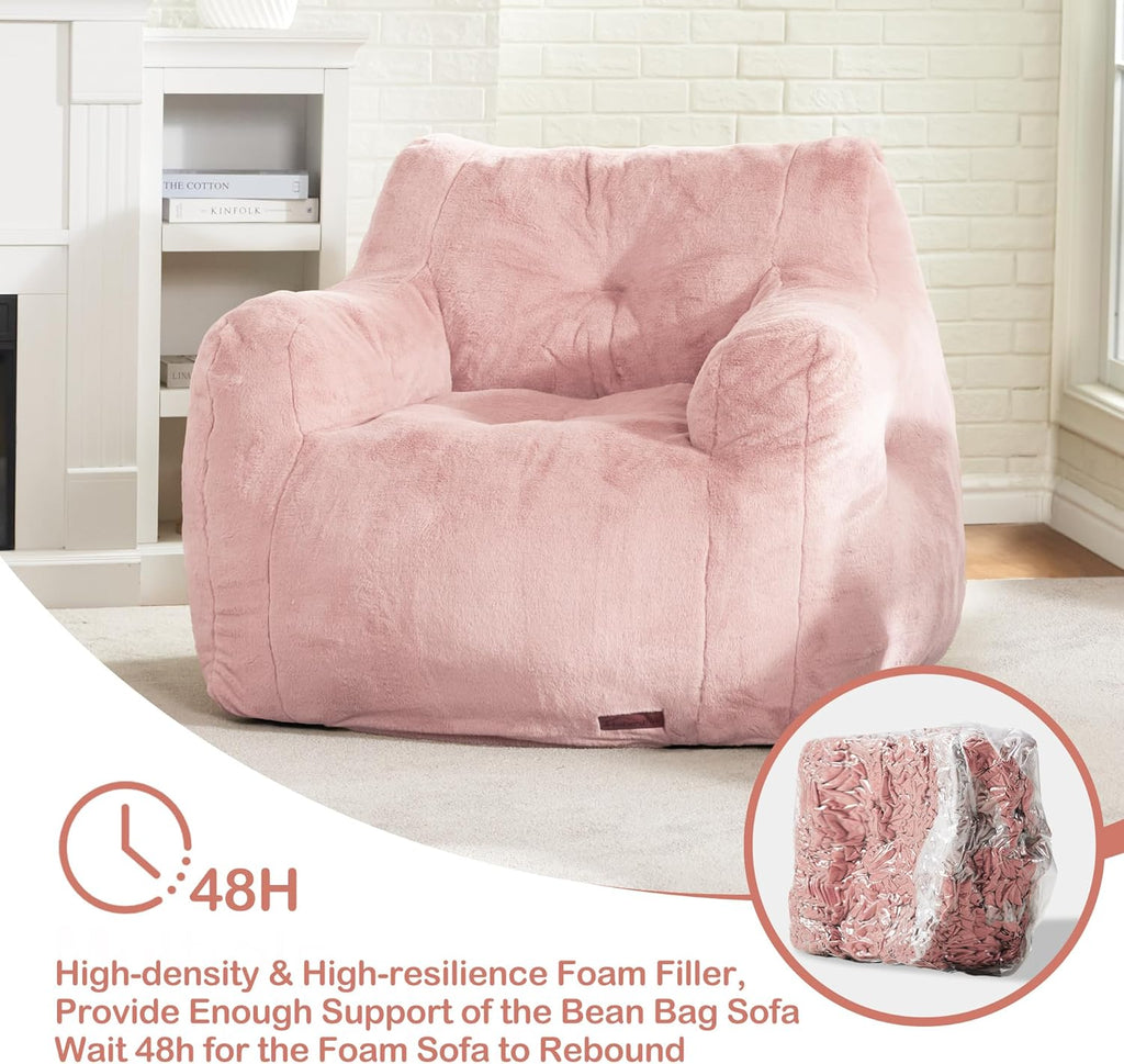 Hobestluk Furry Bean Bag Chair with Arms, Foam Filler for Adult, Pink | Soft Faux Fur Cover, High-Density Resilient Foam, Wide Backrest & Arm-rest, Carrying Handle, Fits Small Spaces, No Assembly