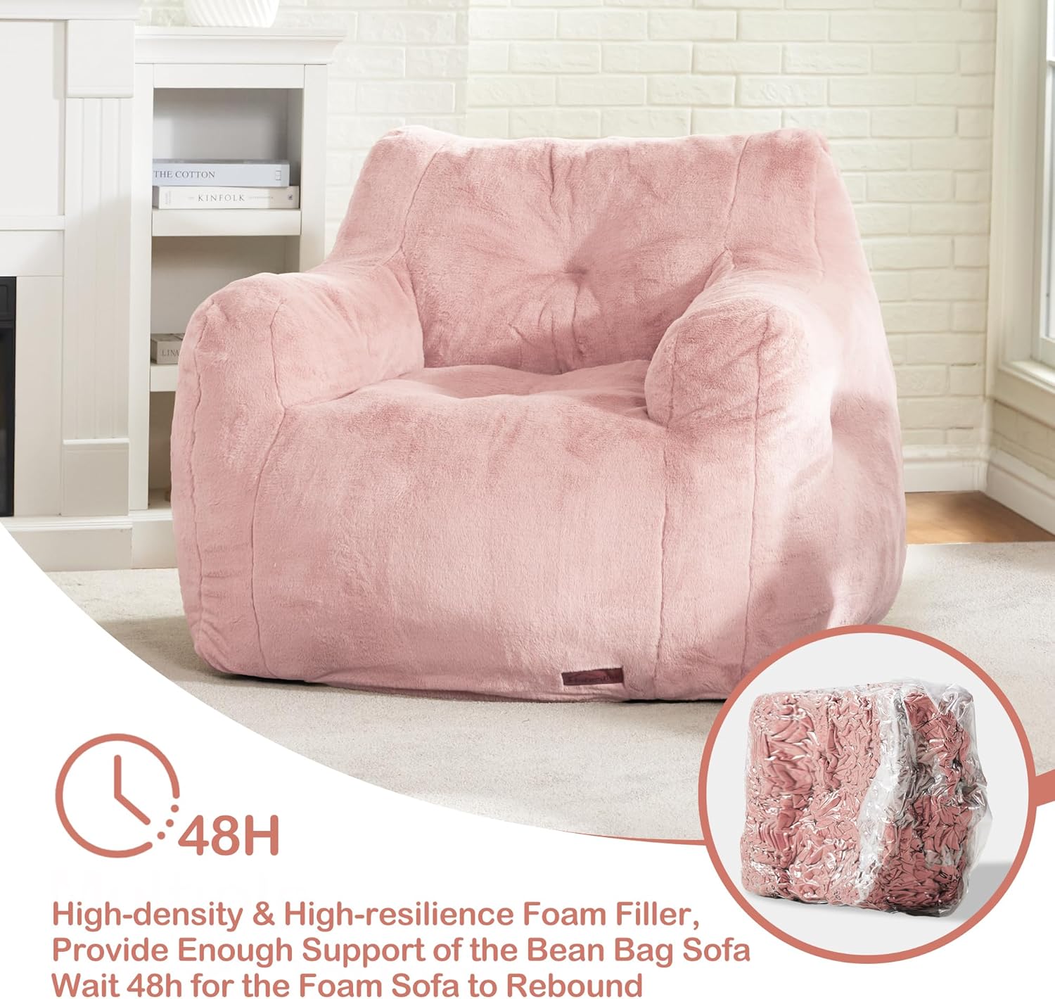 Hobestluk Furry Bean Bag Chair with Arms, Foam Filler for Adult, Pink | Soft Faux Fur Cover, High-Density Resilient Foam, Wide Backrest & Arm-rest, Carrying Handle, Fits Small Spaces, No Assembly