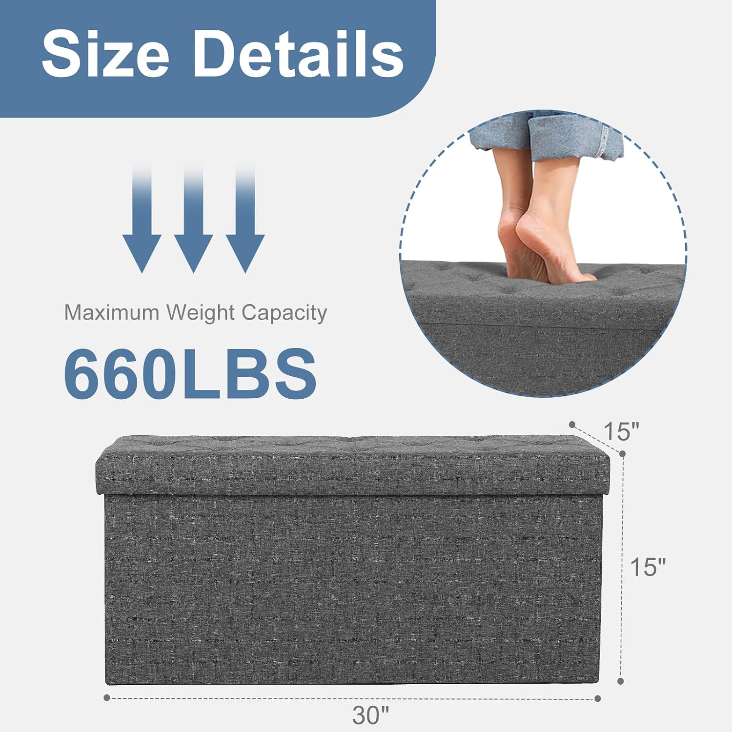 NEWBULIG Ottoman with Storage Bench-30 Inches Small Folding Foot Rest Stool with Thicker Foam Padded Seat, Storage Chest for Living Room, Entryway, End of Bed Bench, Holds Up to 660 lbs Grey