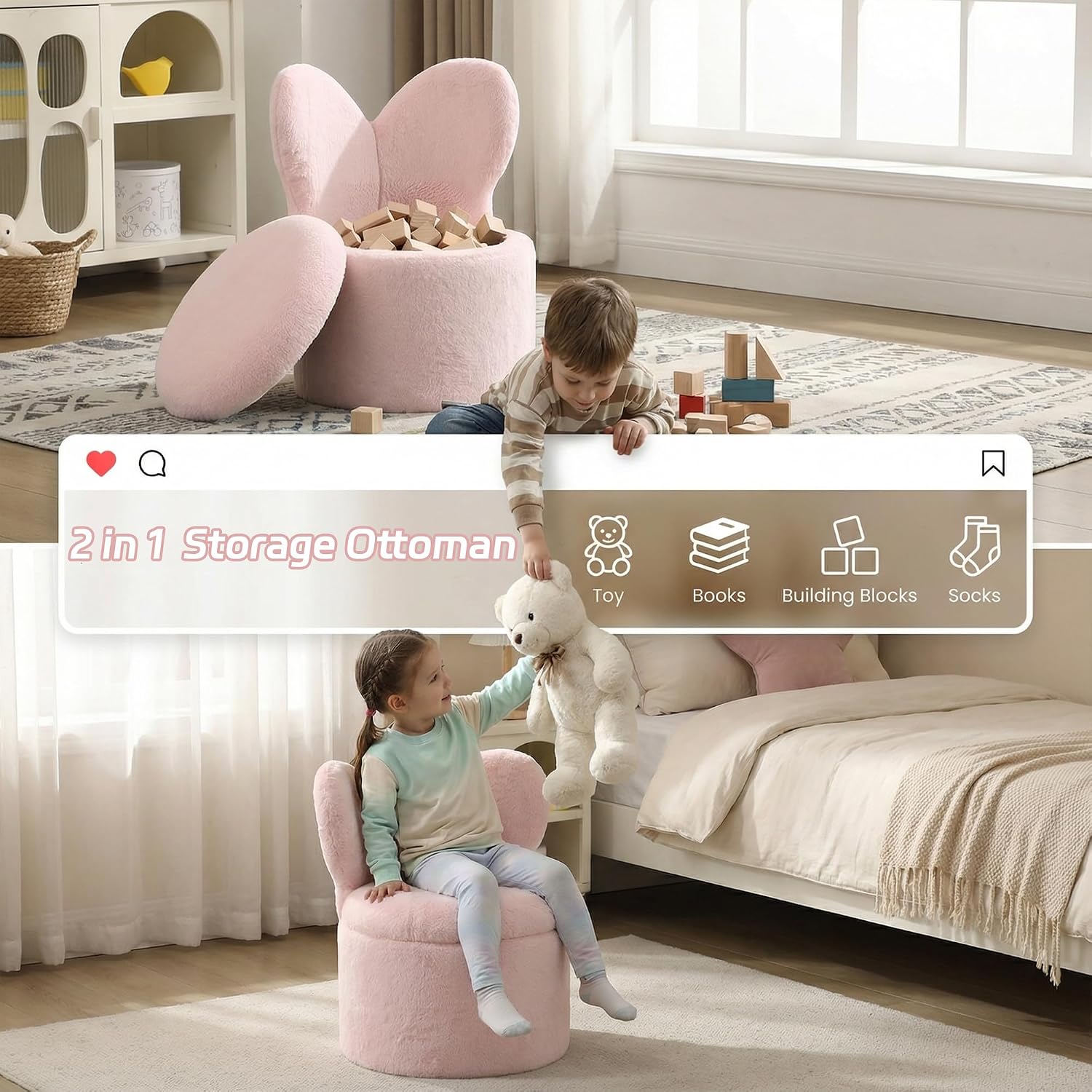 Toddler Chair Comfy Kids Chair with Storage, Cute Butterfly Chair for Girls, Plush Kids Reading Chair, 2 in 1 Pink Storage Ottoman Chair, Desk Chairs for Kids Furniture Decor Gifts, Pink