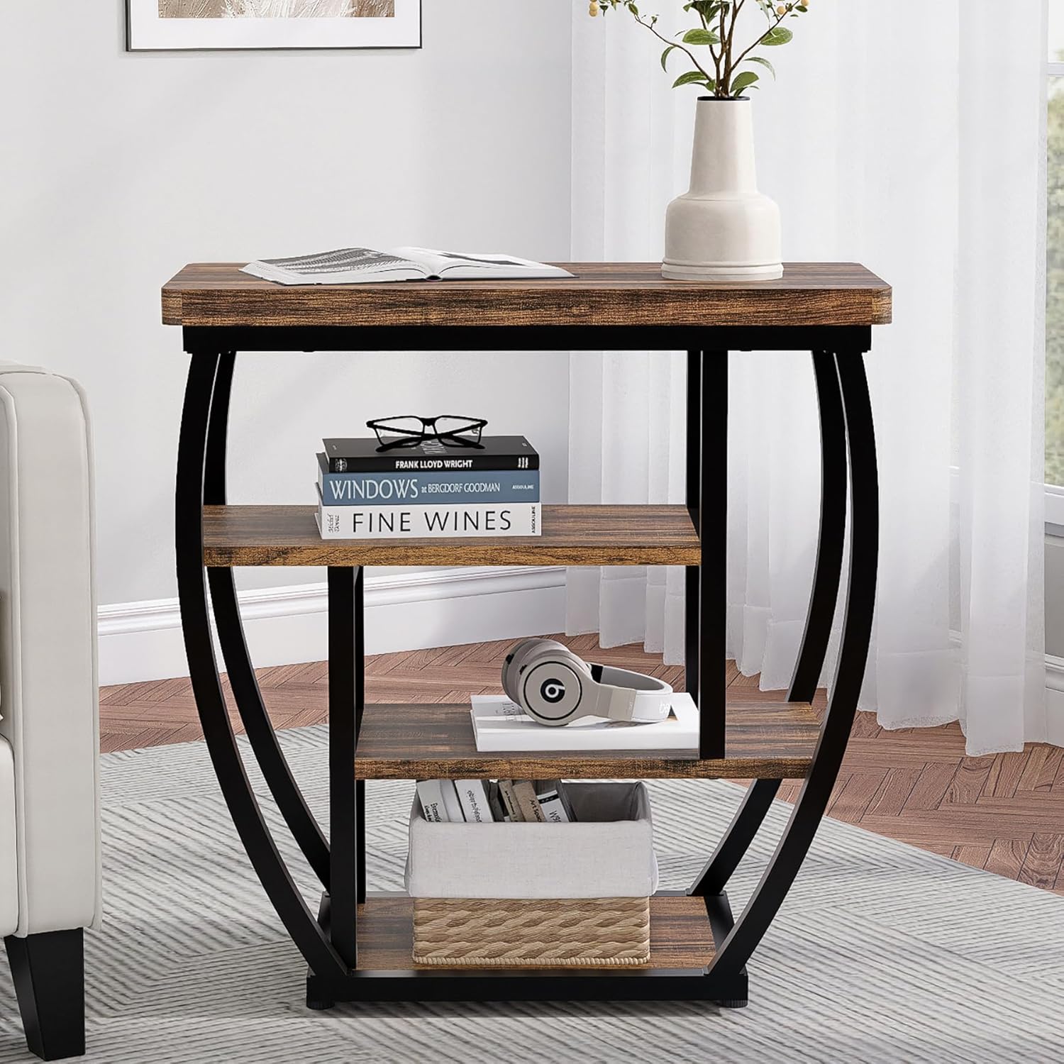 4-Tier End Table with Storage, Narrow Side Table for Living Room, Wood Sofa Side Table with Metal Frame, Industrial Bedside Table and Nightstand for Bedroom, Rustic Brown