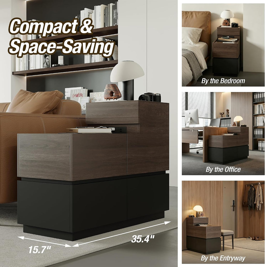 Modern Sofa Side Cabinet, Side Table with USB Interface and Power Outlet, Walnut Wood Living Room Bedroom Side Cabinet Modern Bedside Table with Charging Station for Living Room, Bedroom