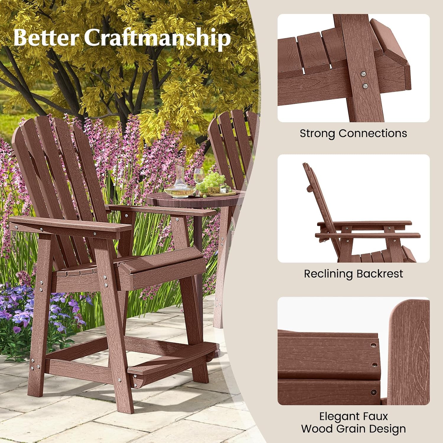Tangkula Outdoor Bar Stool, HDPE Tall Adirondack Chair with Armrest & Footrest, Weather Resistant 47 Inch Counter Height Barstool Lifeguard Chair for Pool Deck Patio Garden, Balcony Chairs (2, Coffee)