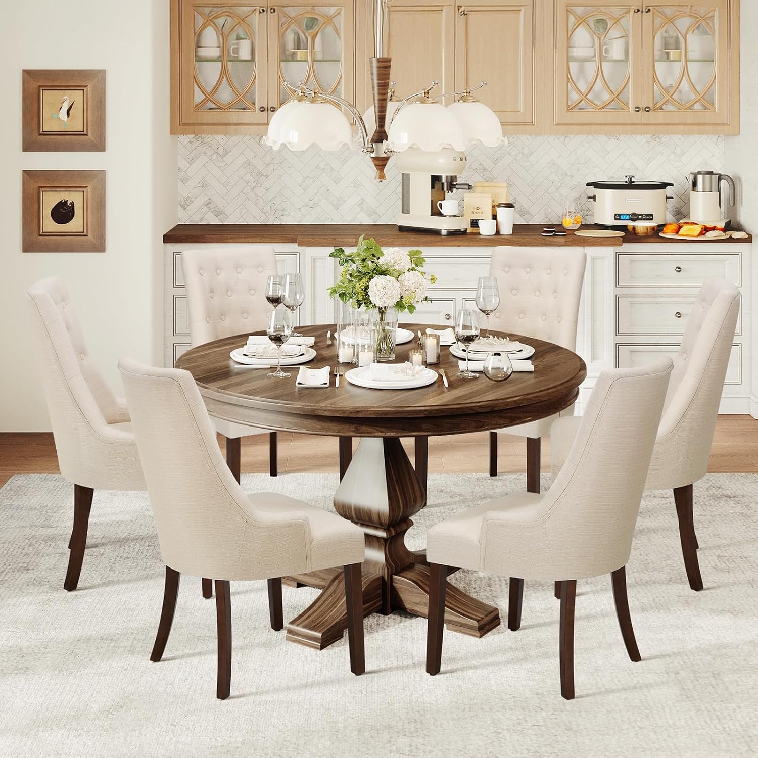 COLAMY Wingback Upholstered Dining Chairs Set of 2, Fabric Side Dining Room Chairs with Tufted Button, Living Room Chairs for Home Kitchen Resturant- Beige