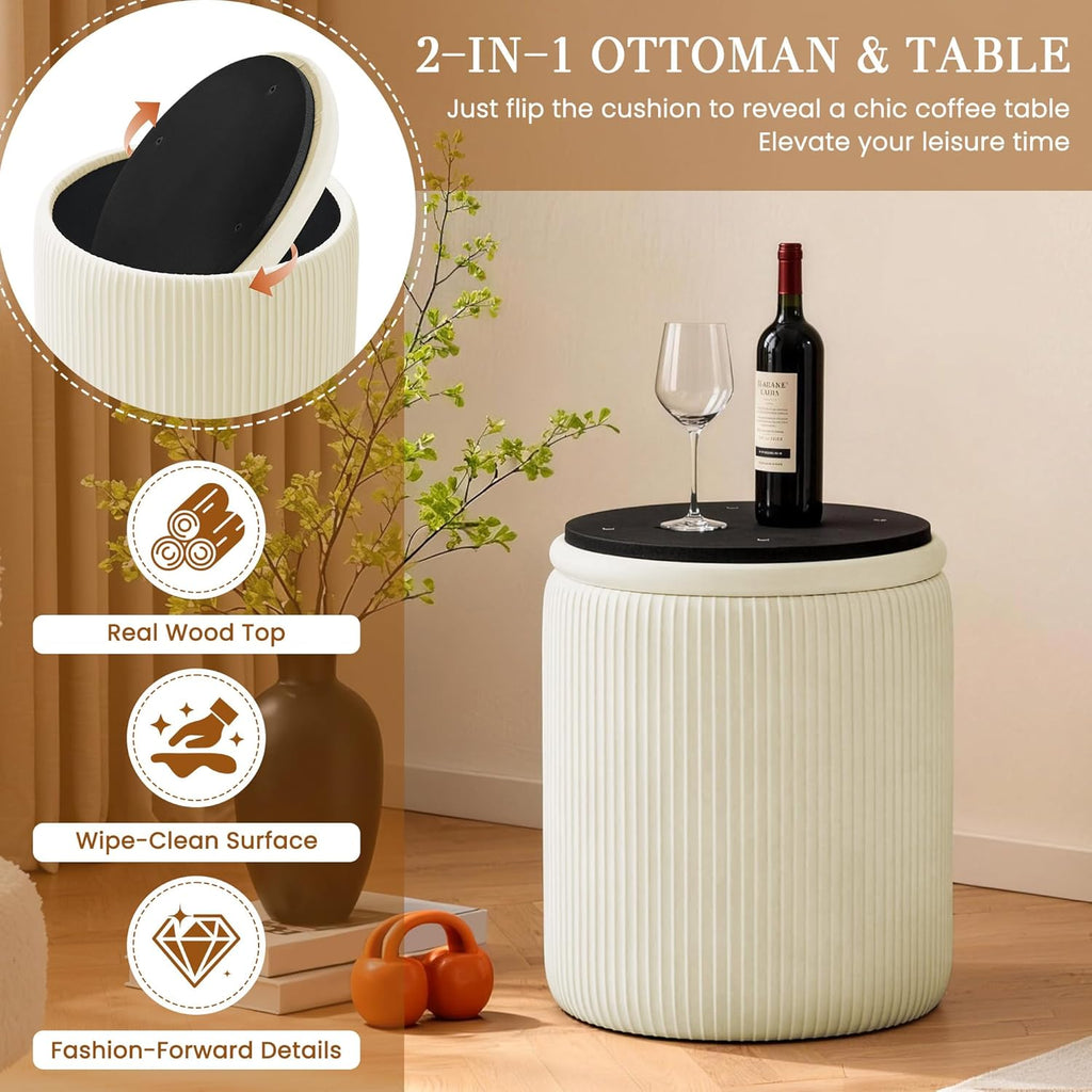 Vanity Stool Set of 2 - Round Storage Ottoman with Lid, Velvet Footrest Pouf for Makeup Room & Living Room, Multi-Use Small Chair with Hidden Storage（Beige）