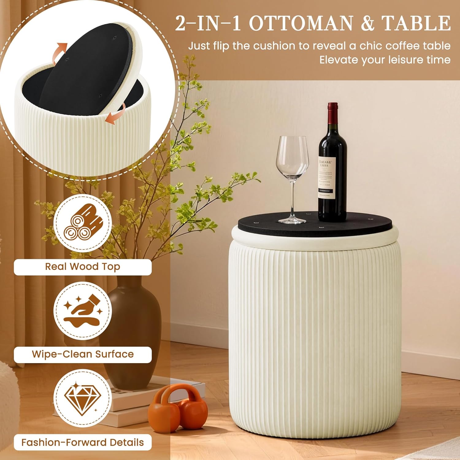 Vanity Stool Set of 2 - Round Storage Ottoman with Lid, Velvet Footrest Pouf for Makeup Room & Living Room, Multi-Use Small Chair with Hidden Storage（Beige）