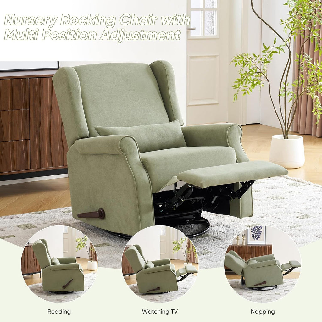 360°Swivel Rocker Recliner, Nursery Rocking Chair with Lumbar Pillow,Glider Recliner Nursery Chair for Small Spaces,Living Room & Bedroom,Chenille Green