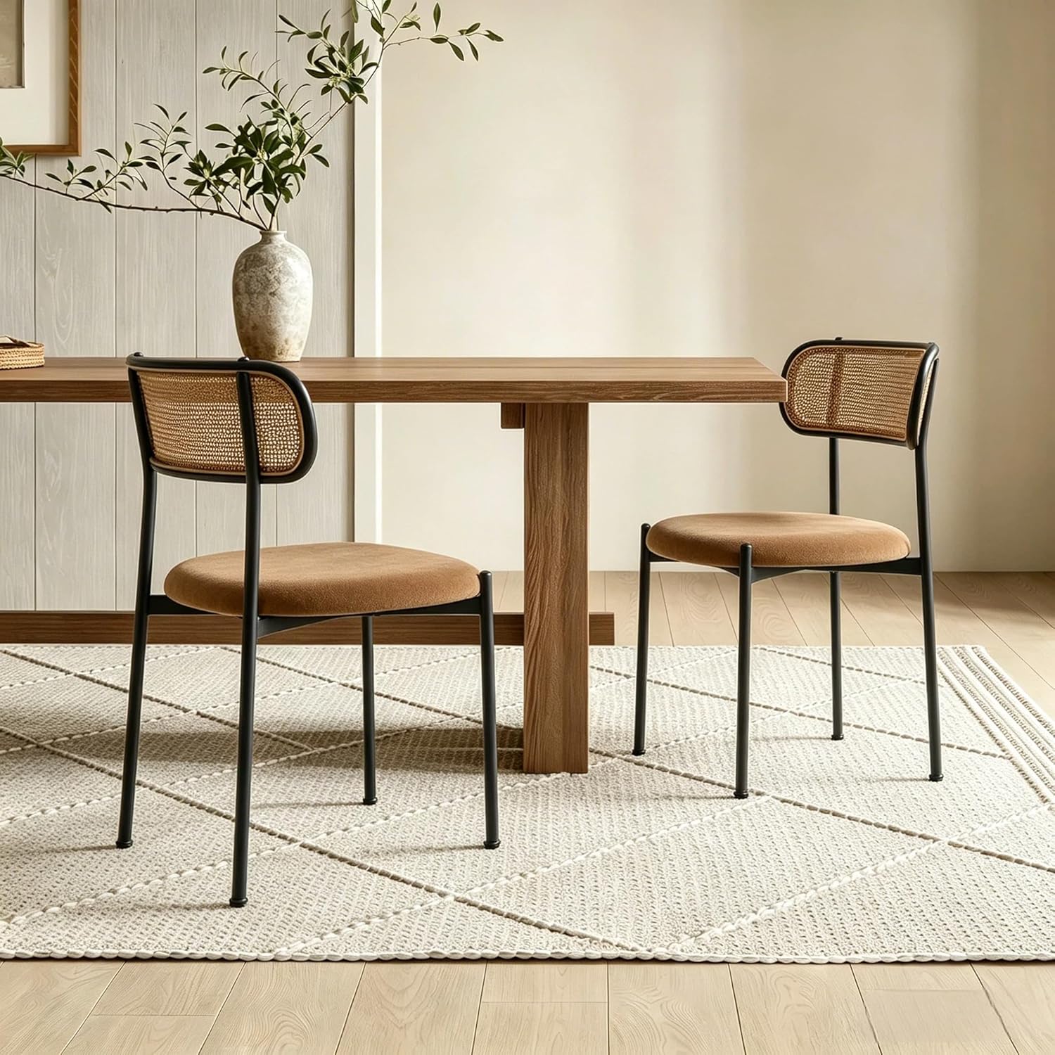 Rattan Dining Chairs Set of 6, Velvet Mid-Century Modern Upholstered Dining Chairs with Woven Cane Backrest, Brown Kitchen Dining Room Chairs