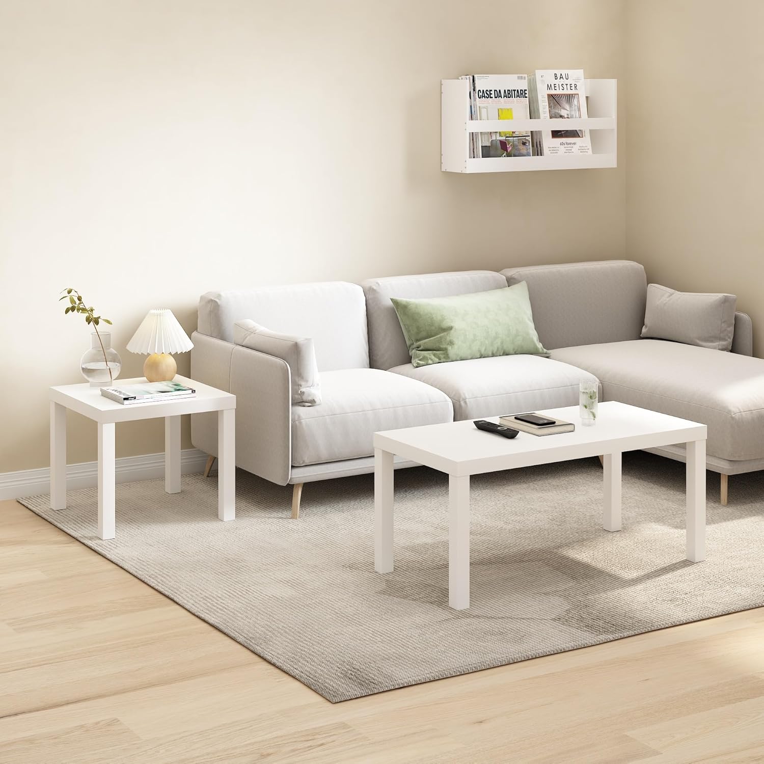 Furinno Classic Side Table, Square Modern End Table with 1.8 Thick Tabletop, Simple Night Stand, Bedside Table, Toolless Assembly, for Living Room, Bedroom, Plain White