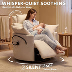 Chenille Nursery Rocking Chairs Recliner, Manual, White | 4" Height and 55° Angle Adjustable Headrest, 360° Silent Swivel, Glider, Phone Holder, 2 Side Pockets, 2 Pillows, 400LBS