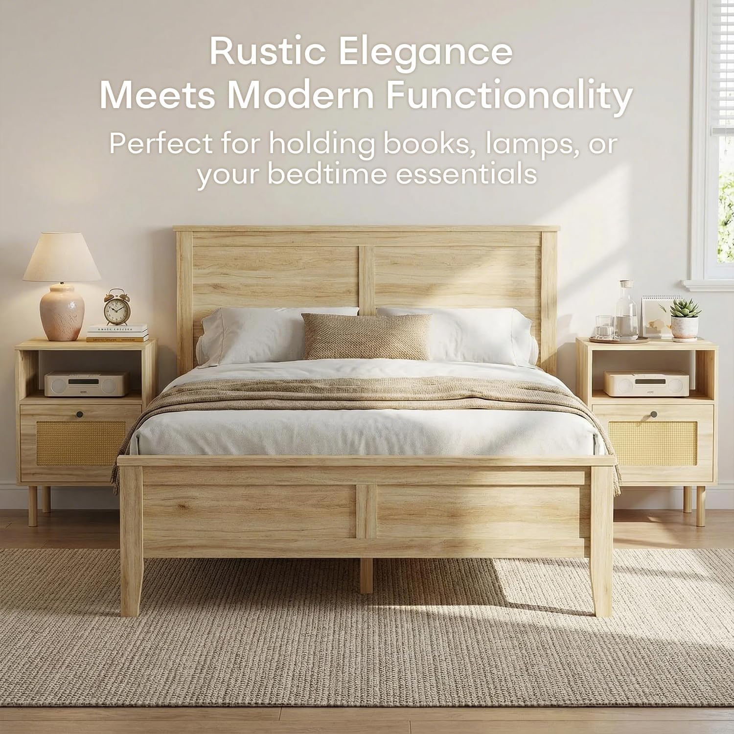 Rattan Night Stand with Drawers, Rattan Natural Oak Night Stand, Boho Nightstand, End Table with Drawer and Storage, Farmhouse Night Stands, Wooden Nightstand for Bedroom, Living Room,Office