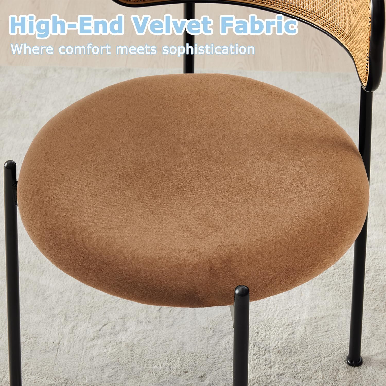 Rattan Dining Chairs Set of 2, Mid Century Modern Dining Chairs with Cane Back and Boucle Upholstered Seat, Farmhouse Kitchen Chairs for Dining Room and Living Room, Brown