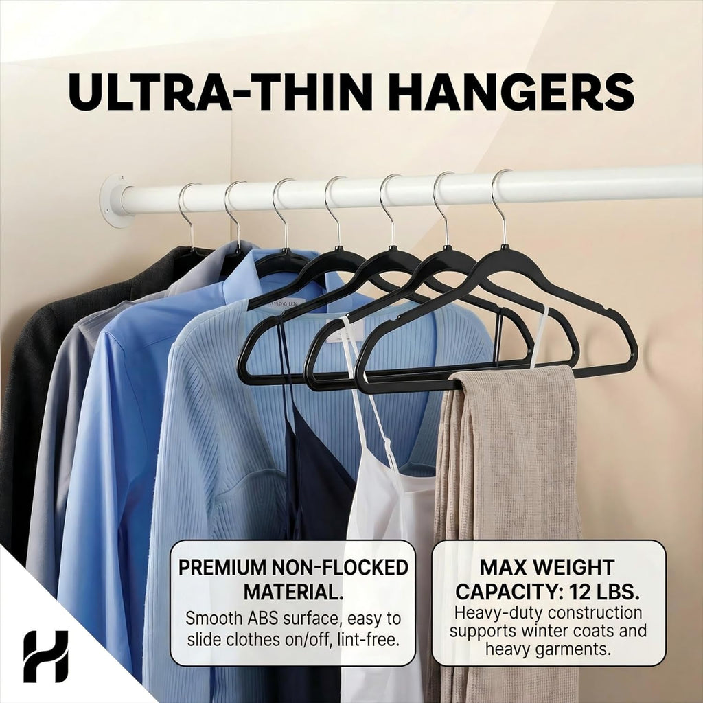HOUSE DAY Quality Plastic Hangers 100 Pack - Heavy Duty Non-Velvet Hangers with Non Slip Notches & 360° Swivel Hook - Slim Space Saving Clothes Hangers Ideal for Coats Shirts Jackets Dresses (Black)