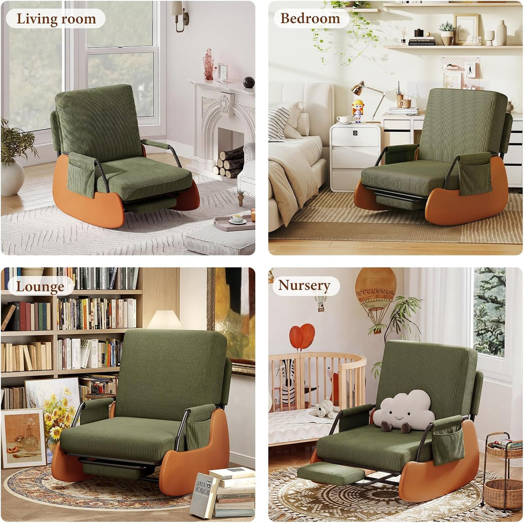 Furniliving Modern Glider Rocking Chair, Upholstered Nursery Glider Chair with Adjustable Recline & Retractable Footrest, Comfortable Lounge Chair for Mom Nursery Living Room Bedroom (Green)
