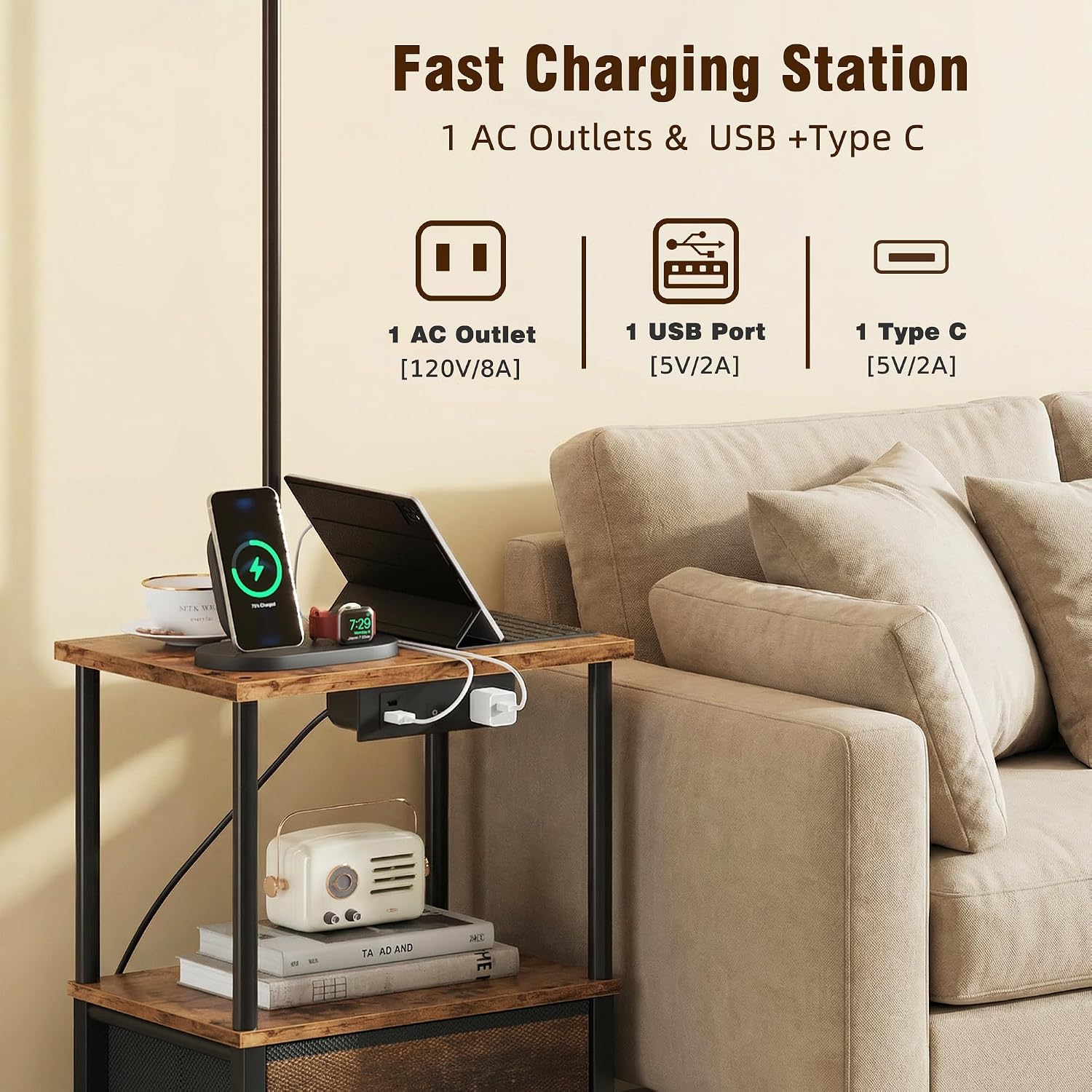 HIGDBFE End Table with Light Set of 2, Side Table with Charging Station & USB Ports, Nightstand with Fabric Drawer, Coffee Table with 3 Color Temperatures Light for Living Room, Rustic Brown, 14.9" W