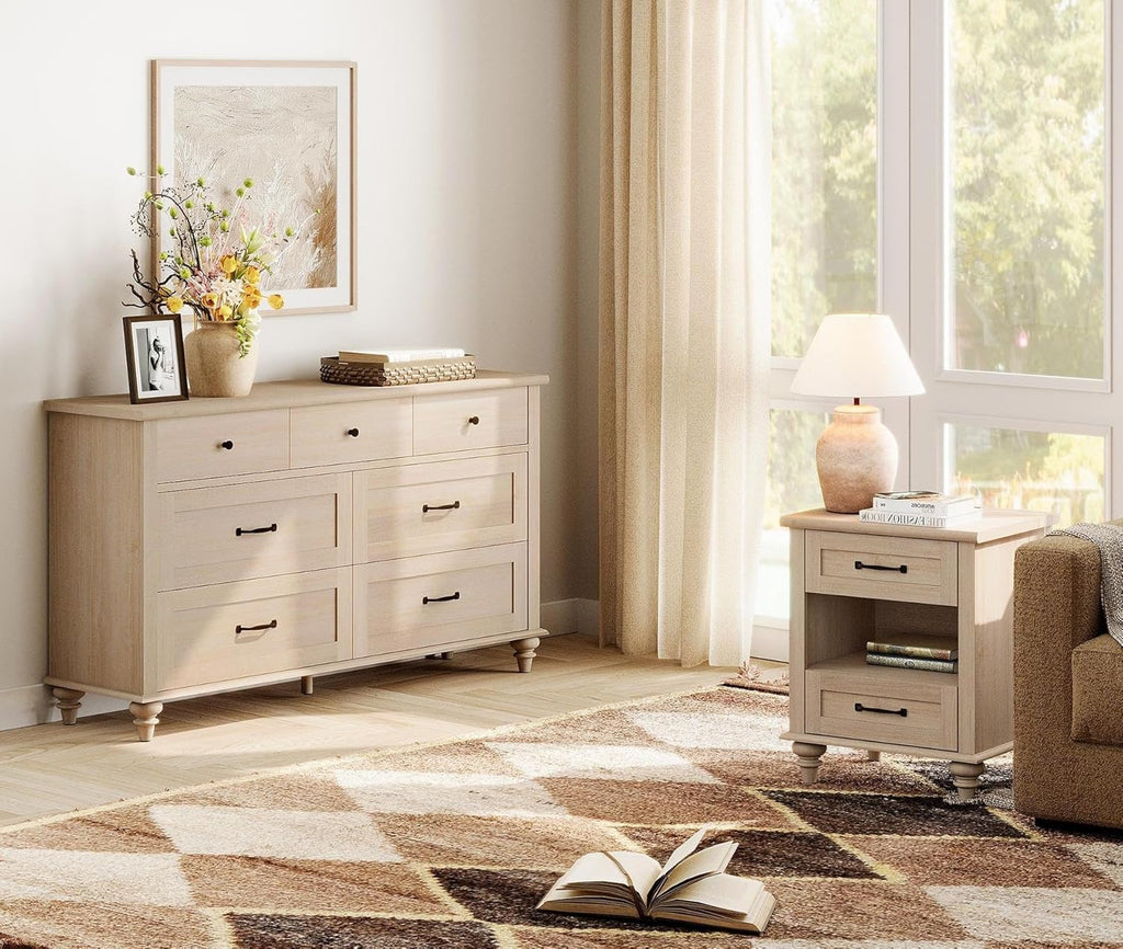 WAMPAT Beige Side Table with Charging Station, Elegant Nightstand for Bedroom with 2 Drawers & Open Shelf, Wooden End Table Bedside Table for Living Room, Kids Room