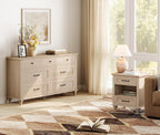 WAMPAT Beige Side Table with Charging Station, Elegant Nightstand for Bedroom with 2 Drawers & Open Shelf, Wooden End Table Bedside Table for Living Room, Kids Room
