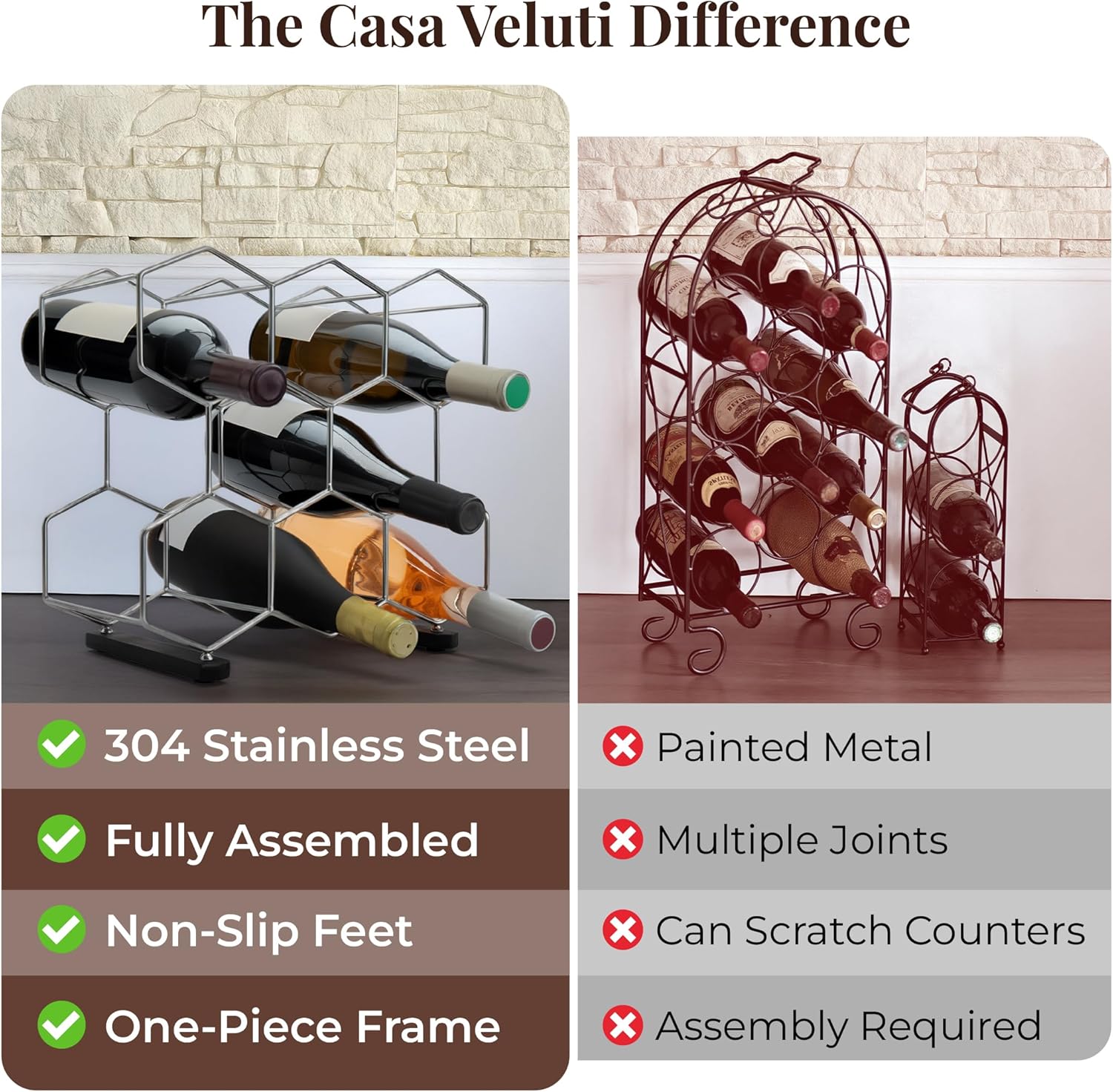 Countertop Wine Rack - 8-Bottle - Stainless Steel & Charcoal Oak - 3 Tier Tabletop Wine Holder Stand for Cabinet, Pantry - Freestanding - No Assembly Required