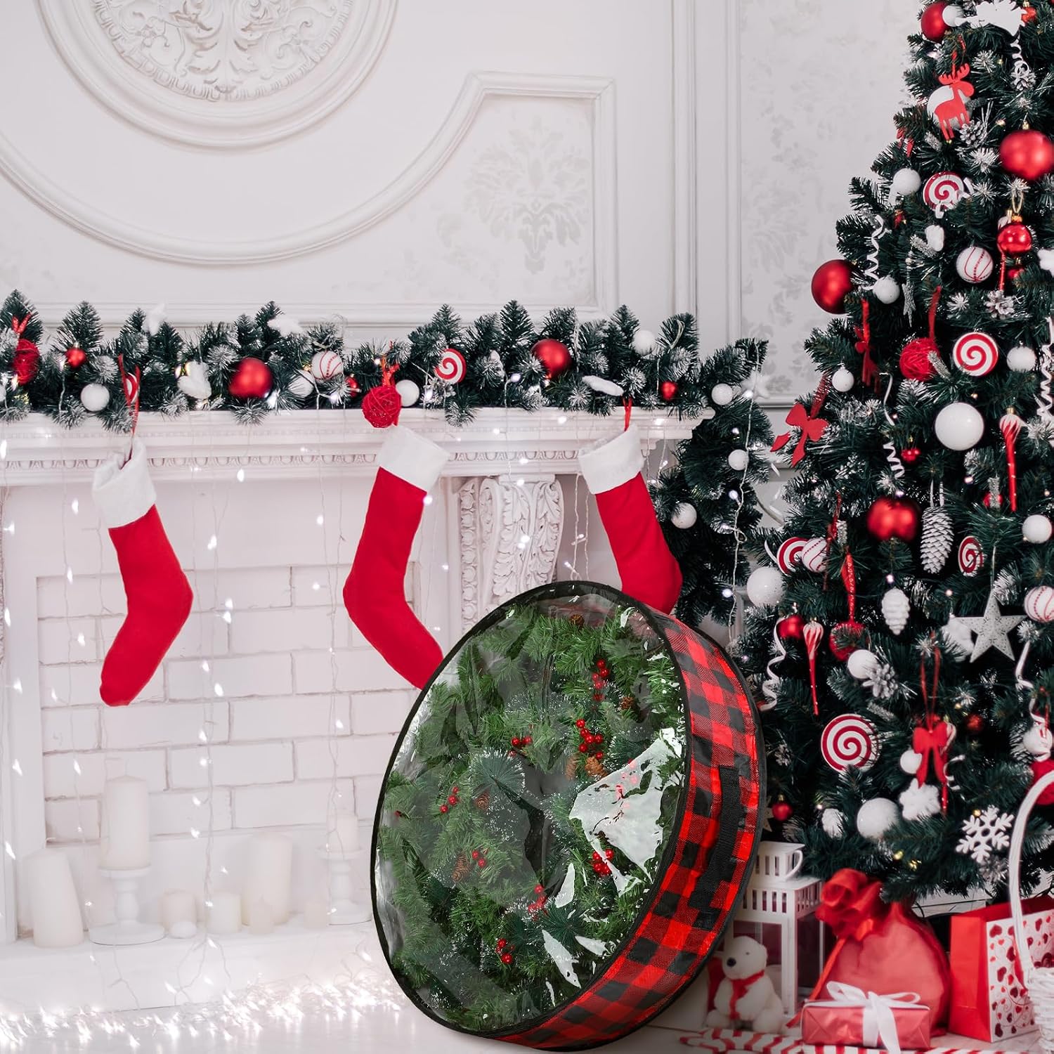 Kingdder 4 Pcs Christmas Wreath Storage Bags 30 Inch Xmas Garland Container Case with Clear Window Handles Zipper Black and Red Buffalo Plaid Wreath Box for Holiday Seasonal Storage