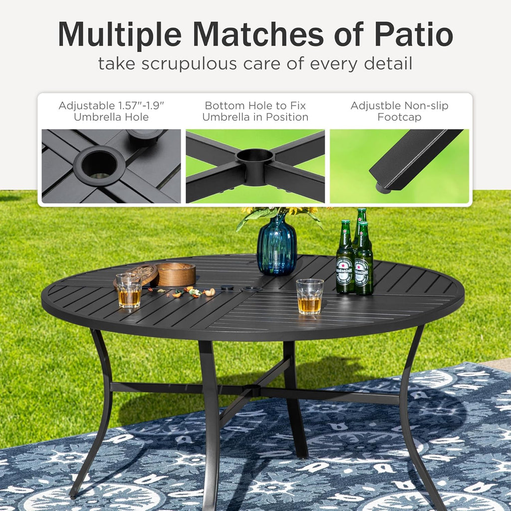PHI VILLA Patio Round Table w/Umbrella Hole, Metal Table for 4, Black | 42" wrought iron dining table. Slatted top design, weather resistant. Perfect for outdoor deck, porch, backyard.