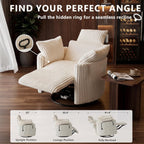 Manual Nursery Glider Recliner with 4" Height and 55° Angle Adjustable Headrest, 360° Silent Swivel Rocking Chair, Phone Holder and 2 Pillows, 400 LBS, Corduroy, White
