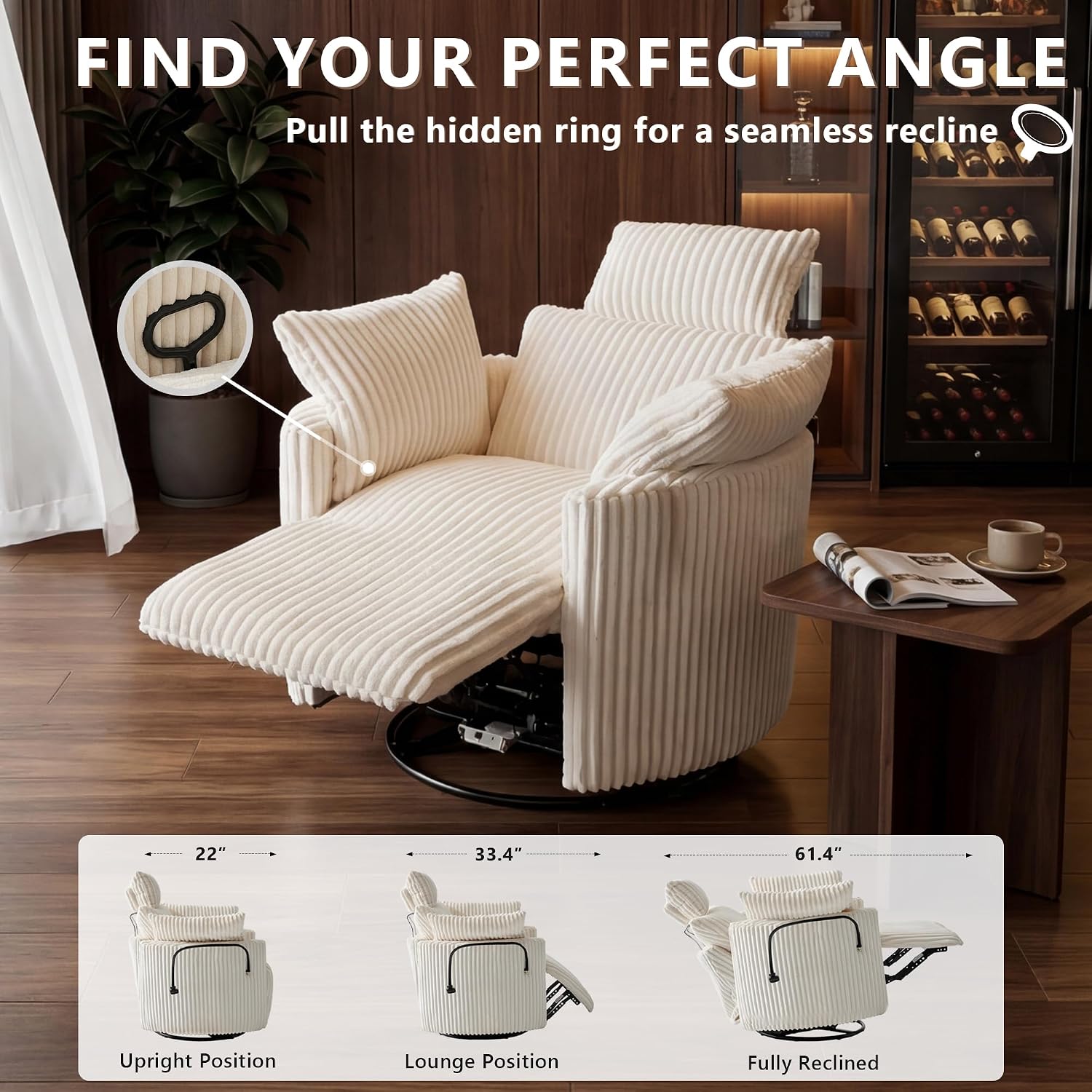 Manual Nursery Glider Recliner with 4" Height and 55° Angle Adjustable Headrest, 360° Silent Swivel Rocking Chair, Phone Holder and 2 Pillows, 400 LBS, Corduroy, White
