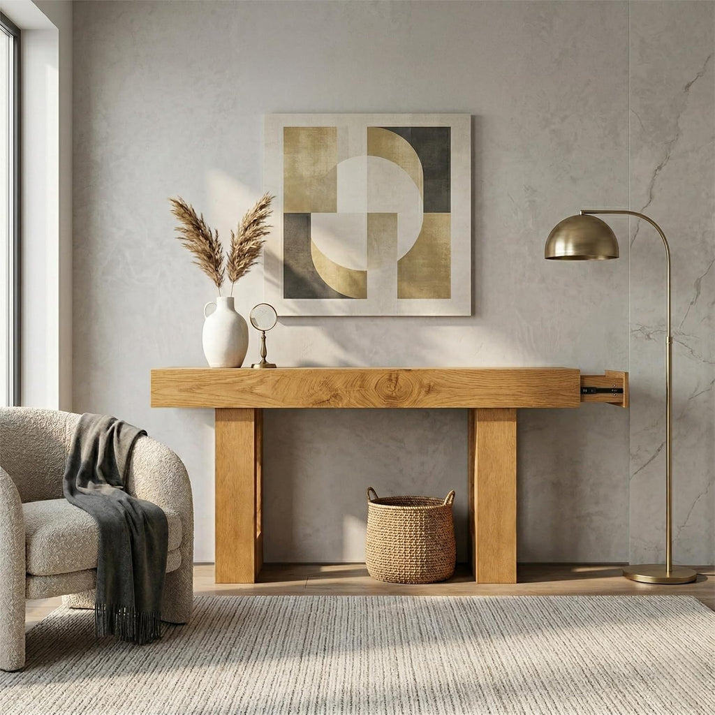 FURSUN 63" Farmhouse Console Table with Drawers, Narrow Sofa Table Behind Couch, Slim Entryway Table with Storage for Hallway, Living Room, Natural Oak